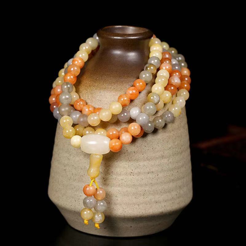 新疆玉石光籽料戈壁玉金丝玉石英岩彩玉手串6/8mm108颗绕4圈手链