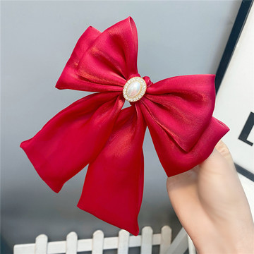 s12酒红色洛丽塔发饰软妹长飘带三层蝴蝶结发夹珍珠镶钻新娘发带