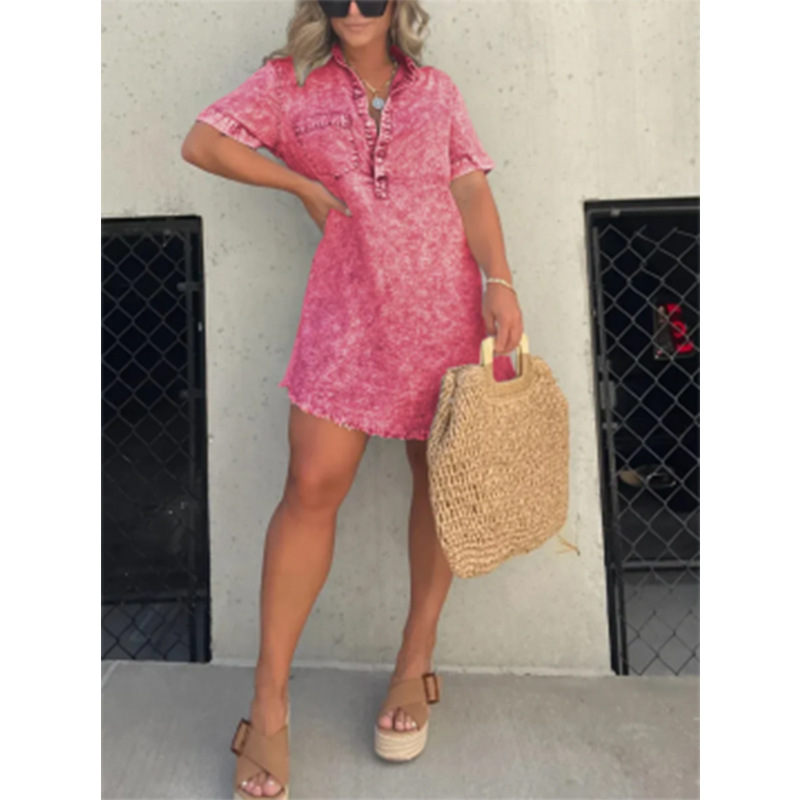 2023 New Arrival Europe and America Cross Border Amazon Summer Hot Selling Shirt Collar Denim Skirt Tassel Hem Dress Short Skirt