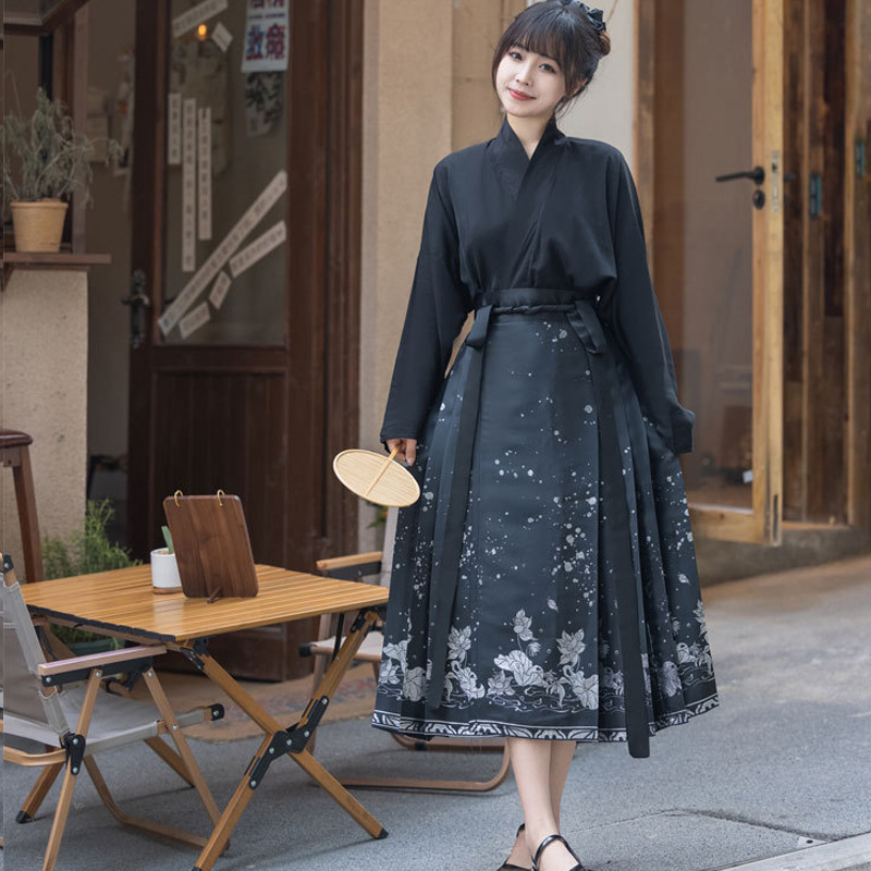 New Adult Hanfu Horse-Face Skirt Small Cropped Daily Commuter Improved Large Size Suit Female Summer Black