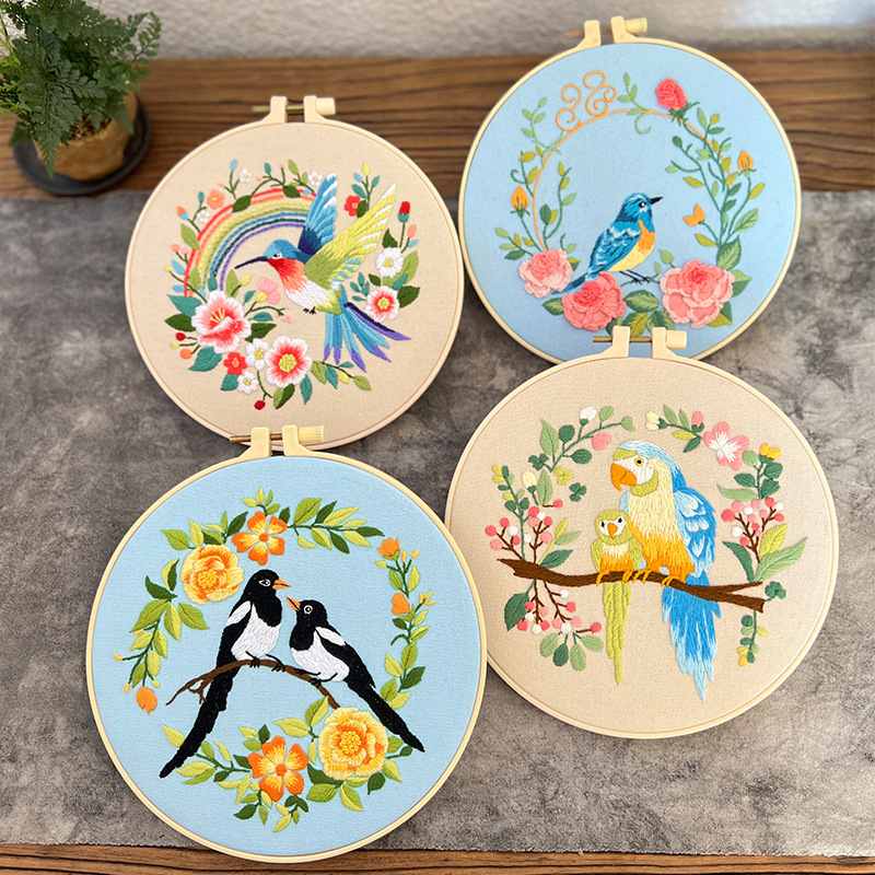 新款手工刺绣diy材料包 花鸟图案英文初学自绣DIY鲁绣套件挂画