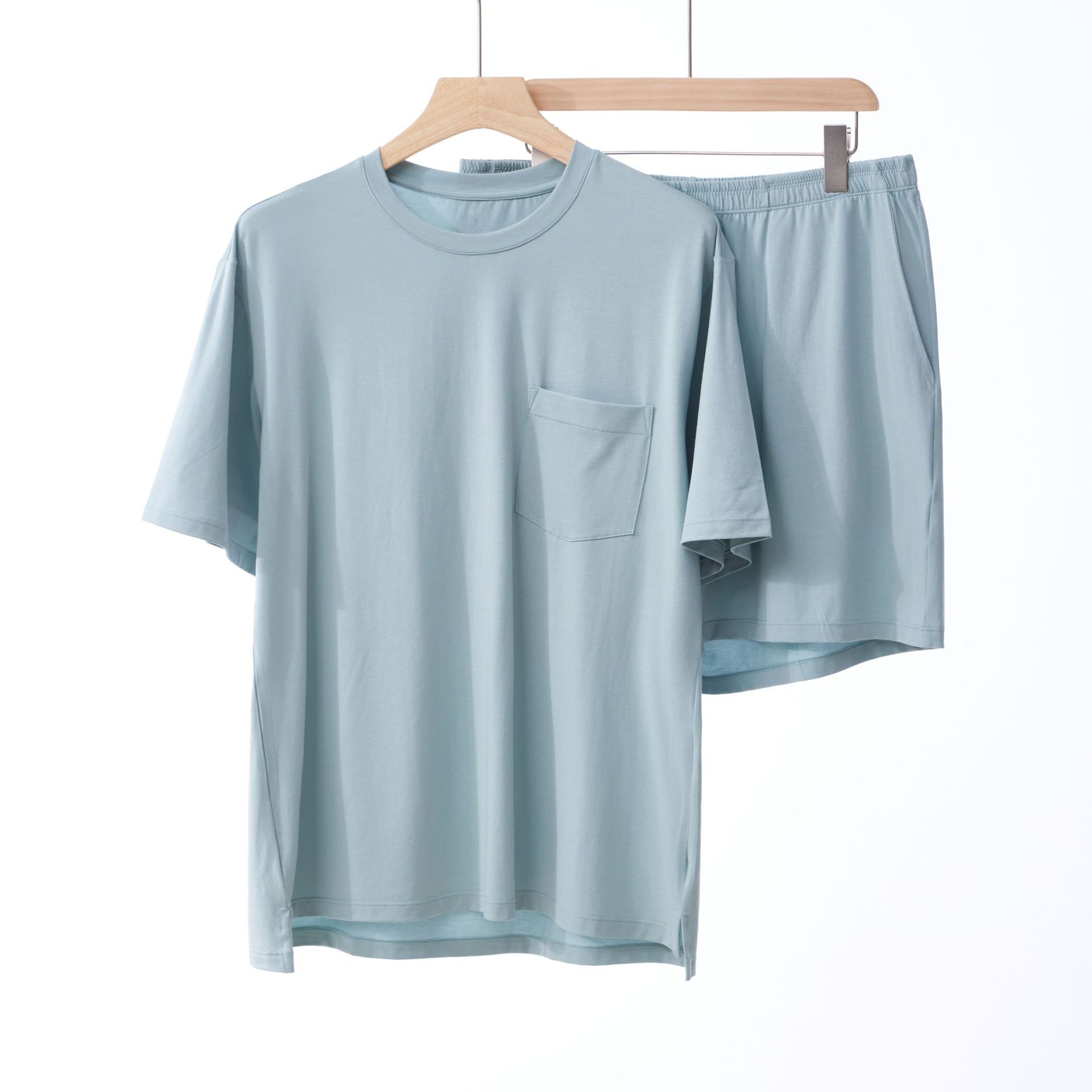 [5A Antibacterial] Pajamas Men's Summer Cool Tencel Pajamas Solid Color Cotton Short Sleeve Top Short Pants Suit Men's Home Wear