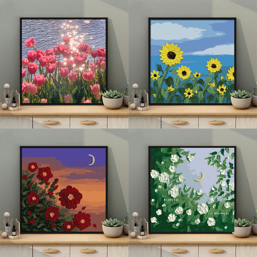 diy手工涂色月下山茶花数字油画 治愈装饰花卉风景油画艺术填色画