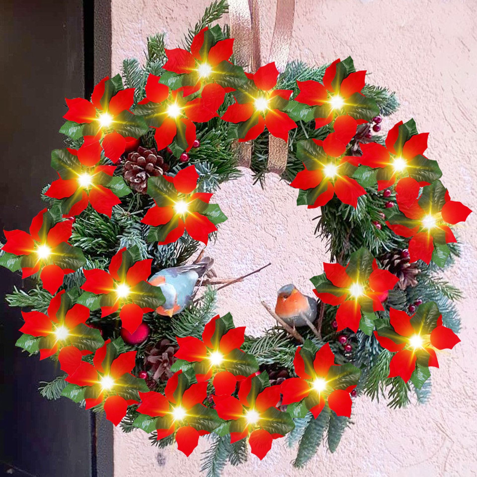 厂家销售圣诞花人造一品红大红花家庭装饰节日电池灯串户内外