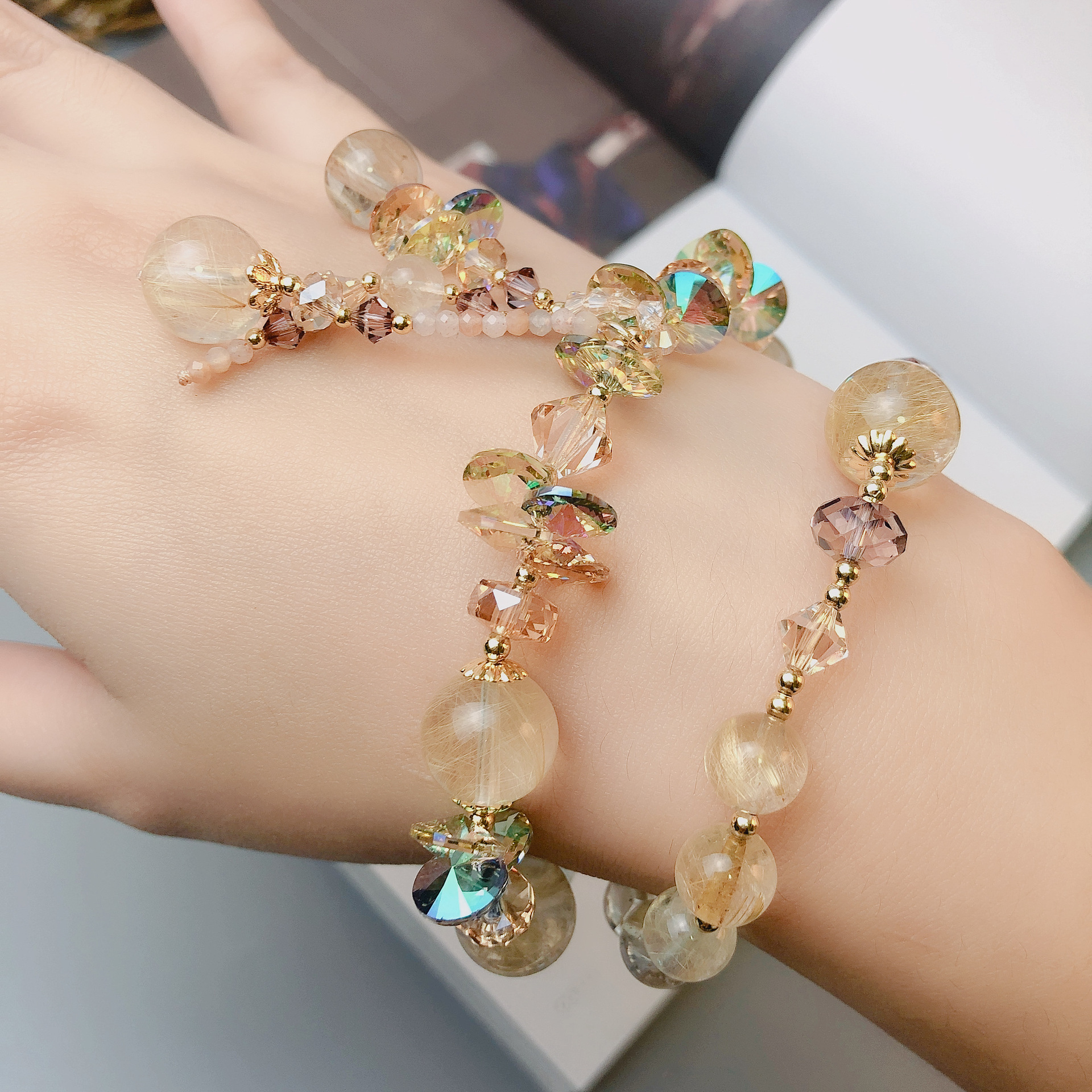 茶晶凤羽幽灵金发晶手链两圈奥地利水晶手串手工串珠饰品配饰首饰