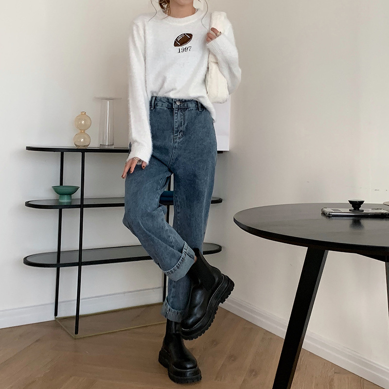 实拍 高腰显瘦牛仔长裤女裤腿纽扣可调节卷边阔腿直筒裤34663