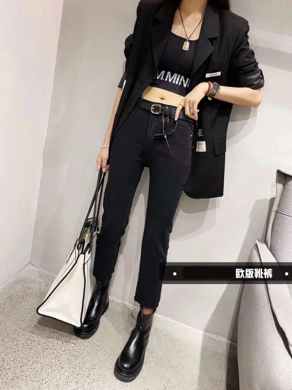 黑色高腰显瘦直筒牛仔裤女2021秋冬新款矮小个子八九分烟管裤靴裤