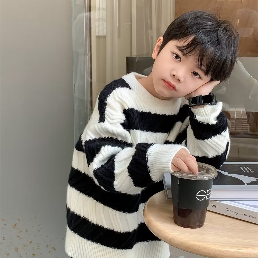 男童秋冬款条纹撞色针织毛衣韩版洋气中小童宝宝针织打底上衣童装