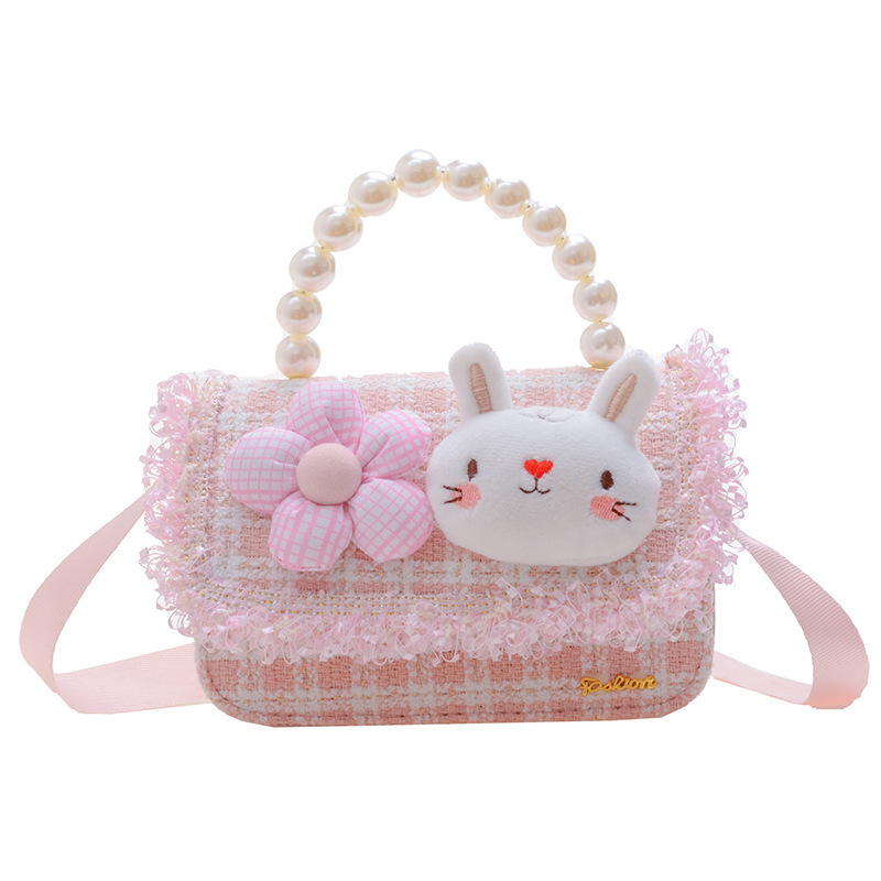 Fashion Children's Trendy Bags Women's Plaid Pearl Tote Cute Cartoon Rabbit Shoulder Bag Crossbody Small Square Bag