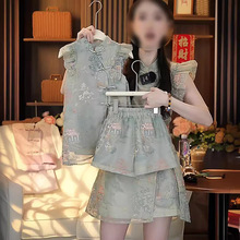 女童中国风刺绣小飞袖连衣裙短裤套装夏款旗袍汉服盘扣上衣新中式