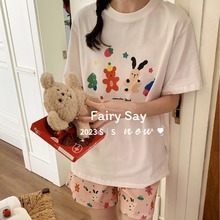 FAIRY SAY夏季韩版斑点狗狗纯棉T恤可外穿童装居家服短袖短裤套装