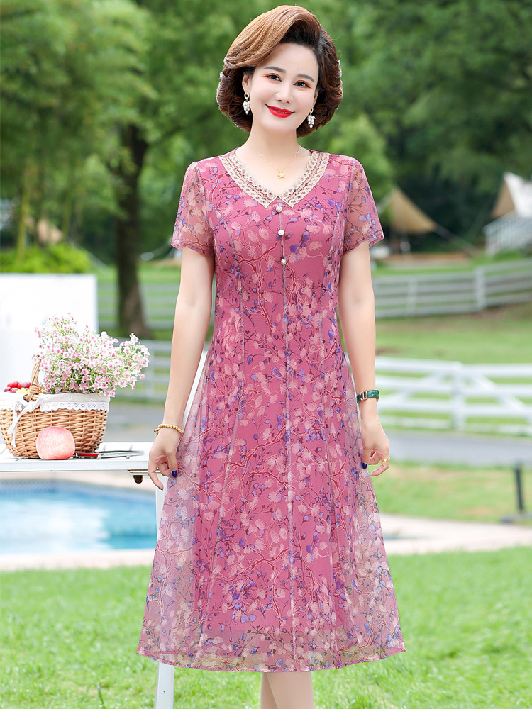 Middle-Aged and Elderly Women's Summer Floral Dress Mother Noble New Middle-Aged Temperament Short Sleeve Western Style Chiffon Skirt