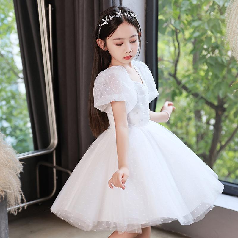 女童礼服白色公主蓬蓬裙儿童主持人花童婚礼小女孩钢琴演奏服春季