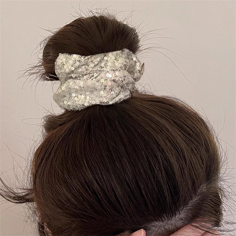 韩版新款银色闪片高马尾发圈 高级感亮片网纱超大肠圈皮筋发绳女