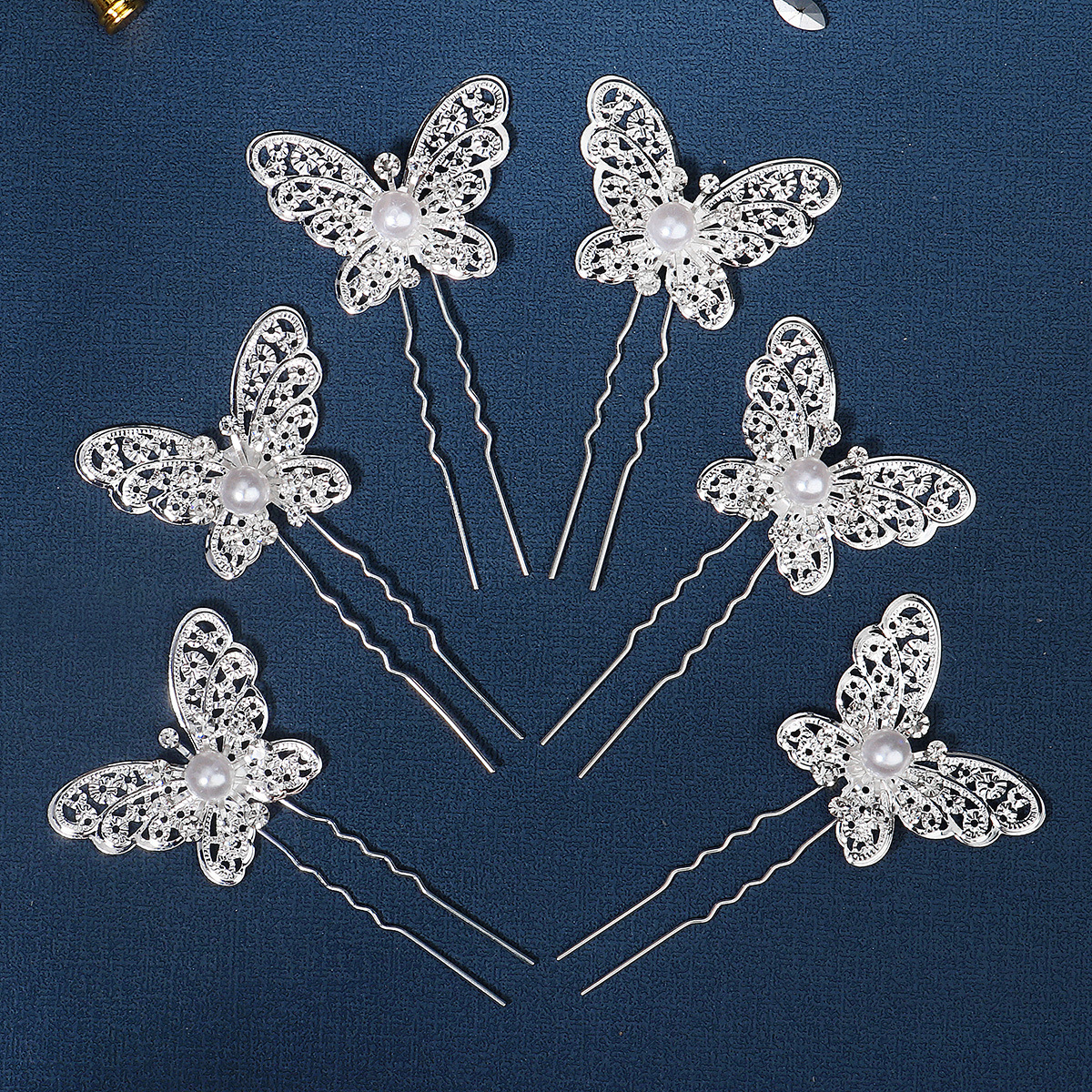 Cross-Border Fantasy Girl Headdress Hairpin Rhinestone Pearl Updo U-Shaped Hairpin Antique Metal Hollow Butterfly Hairpin