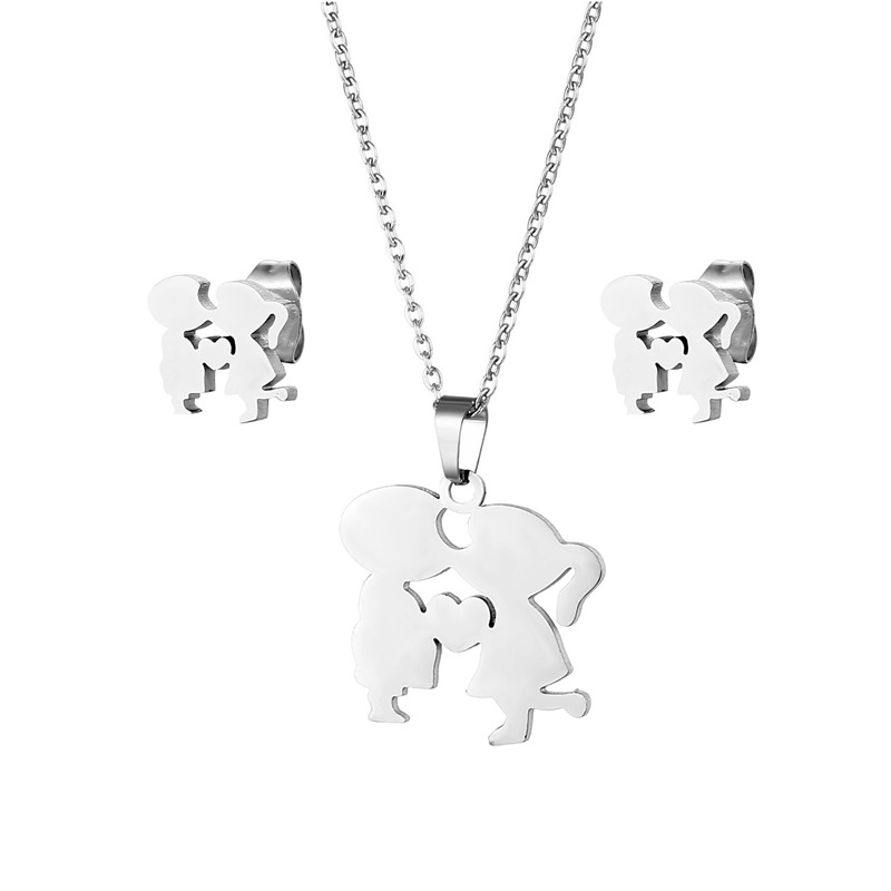 Amazon Wish Stainless Steel Ornament Couple Kiss Necklace and Earring Suit Boys and Girls Kiss Necklace for Women