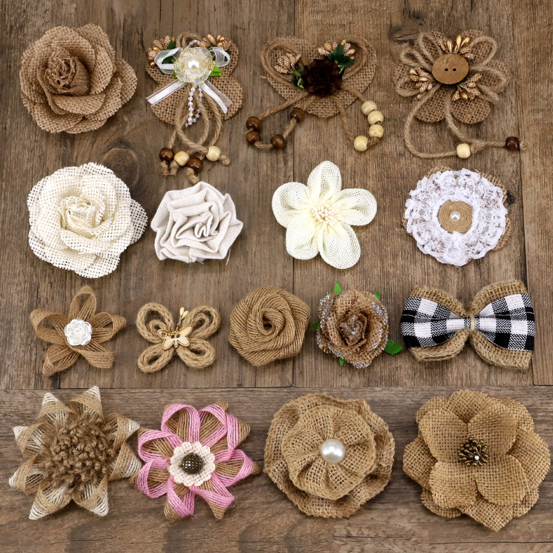 麻绳立体花朵装饰瓶子麻布幼儿园布艺小花蝴蝶结手工diy材料辅料