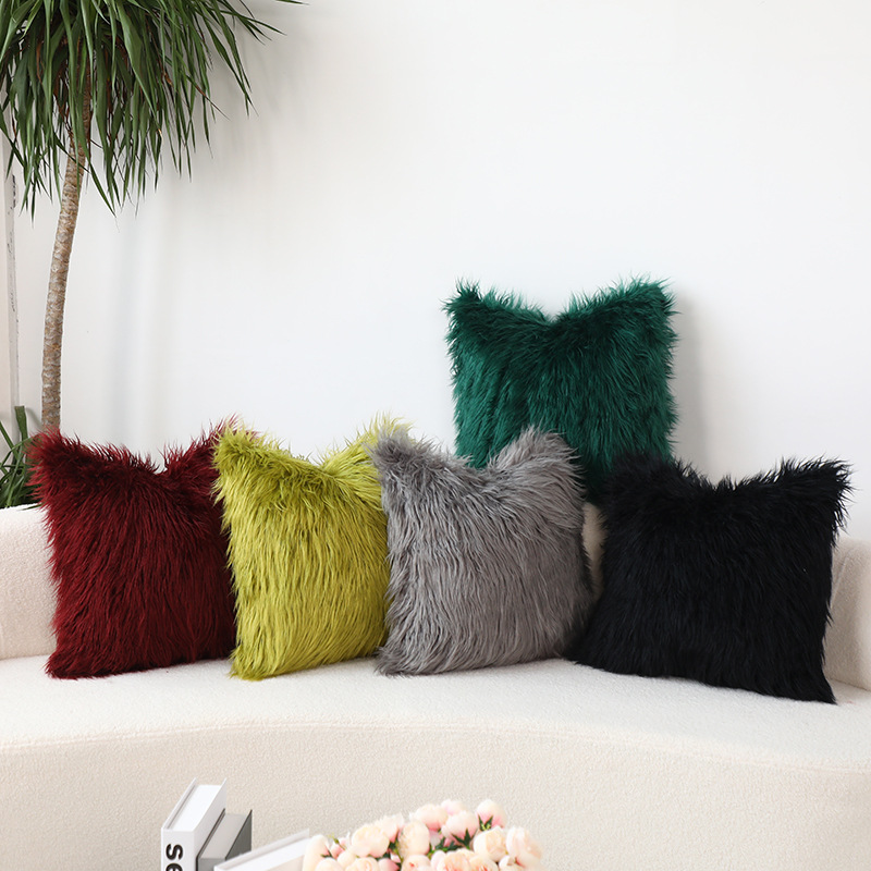 INS Plush Pillow Cover Simple Wool Sofa Cushion Cover Cute Waist Pad Internet Celebrity Solid Color Throw Pillowcase Wholesale