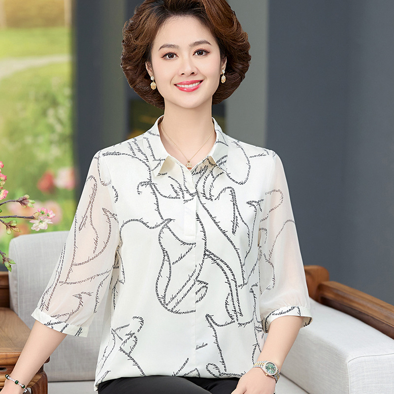 中老年女高端桑蚕丝衬衫2024新款时尚妈妈装气质减龄小衫真丝上衣