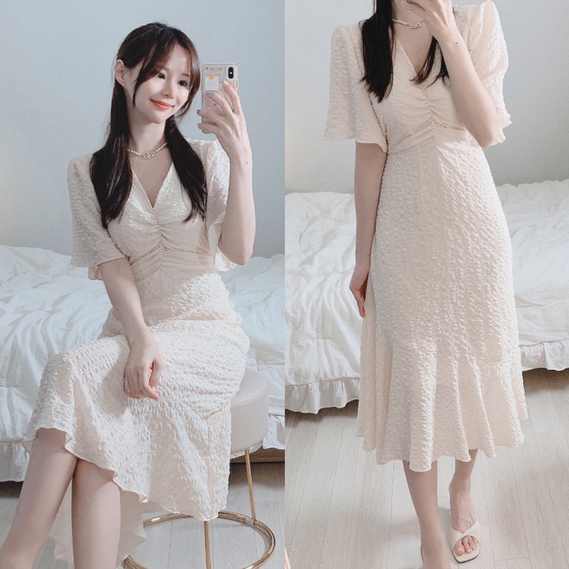 韩国喇叭袖连衣裙