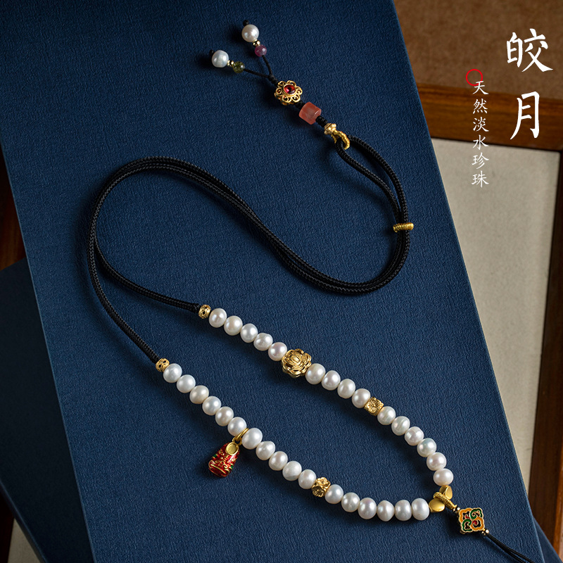 手编淡水珍珠项链挂绳高档多宝珠链毛衣链女手工编织玉佛吊坠挂绳