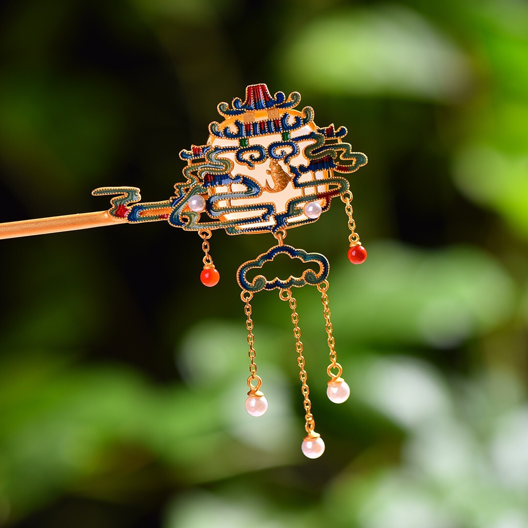 一件代发玉器工艺品古 法银镶嵌和田玉珐琅宫廷风发簪简约首饰品