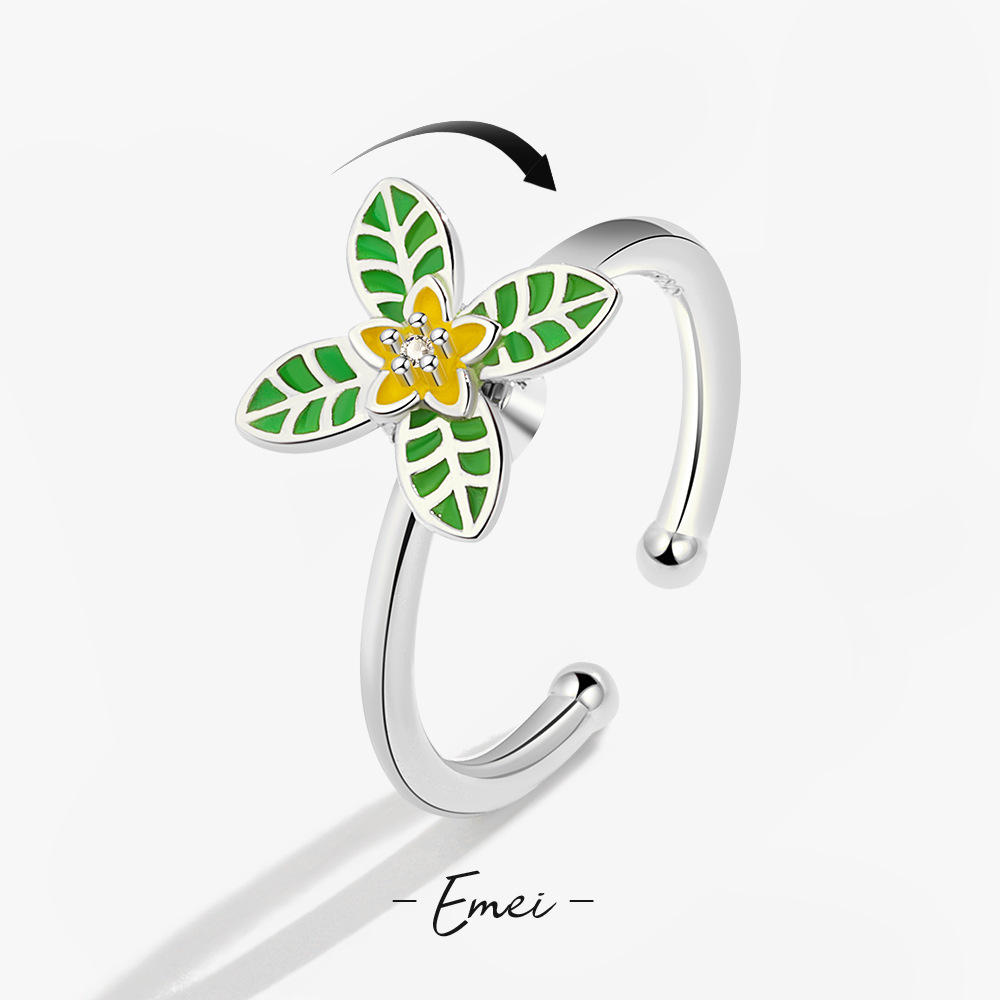 抖音网红同款四叶草旋转戒指女微镶时尚可转动开口食指戒现货批发