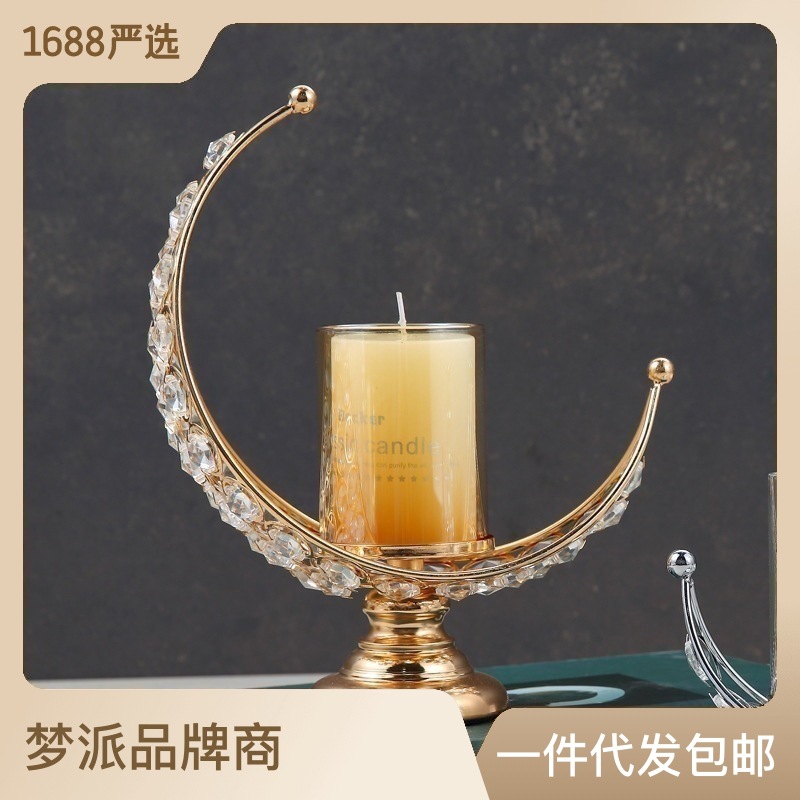 Cross-Border New Crystal Home Candlelight Dinner Table Moon Candlestick Mild Luxury Retro Incense Candle Holder Ornament Decoration