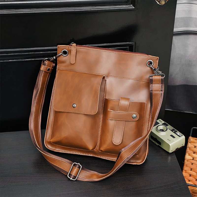 New Flow Backpack Pu Leather Men's Fashion Messenger Bag Vertical Shoulder Bag Men's Retro Casual Messenger Bag Mobile Phone Bag