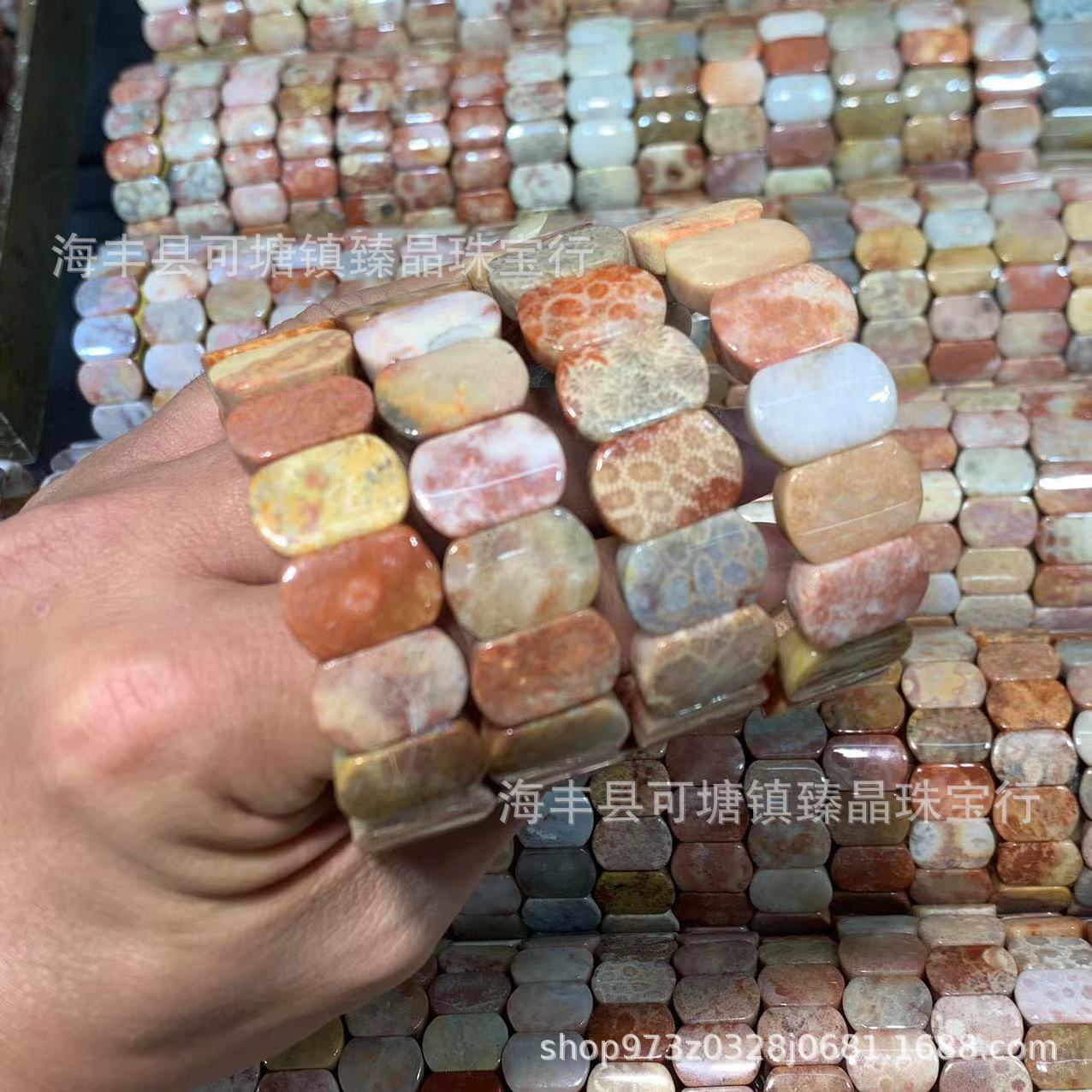 天然珊瑚玉化石手牌手链女大彩花果冻化冰种菊花石首饰情侣直播间