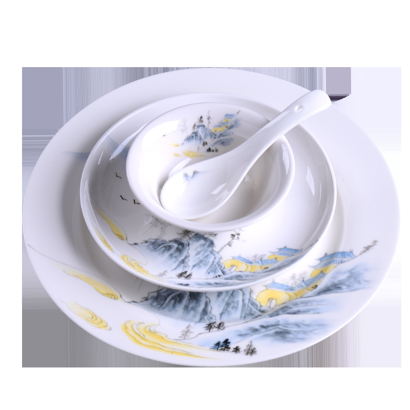 陶瓷摆台四件套中国风饭店山水画摆台酒店餐具套装骨碟翅碗汤勺杯