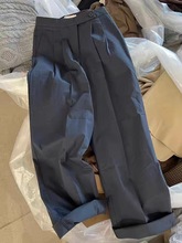 韩系小众设计高级感灰色裤子2023秋季复古高腰显瘦压褶卷边西装裤