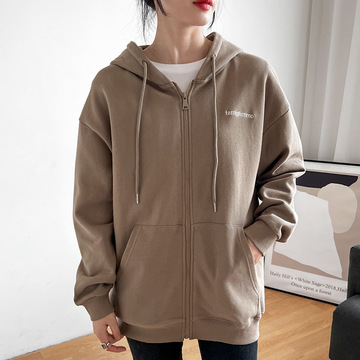拉链卫衣外套女款春秋2022字母刺绣连帽开衫韩版宽松bf风纯棉上衣