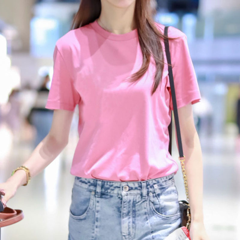 2024夏季新款纯色明星同款批发学生韩版时尚潮宽松粉色短袖T恤女