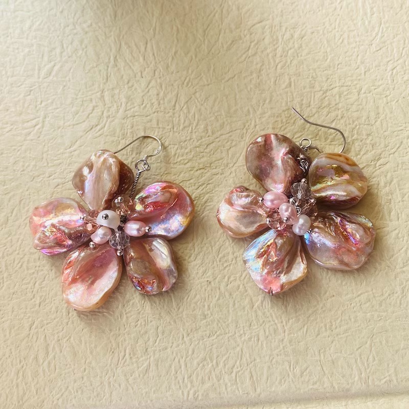 珍珠母贝异形粉色巴洛克珍珠耳环天然珍珠贝母花朵耳坠耳环-阿里巴巴
