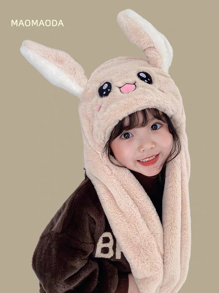 2022一捏耳朵会动帽子仿兔毛保暖加厚网红儿童兔子抖音帽