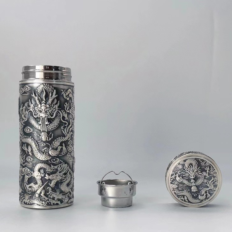 银杯子 纯银999里外银做旧九龙保温杯 大容量银茶杯 商务便携水杯