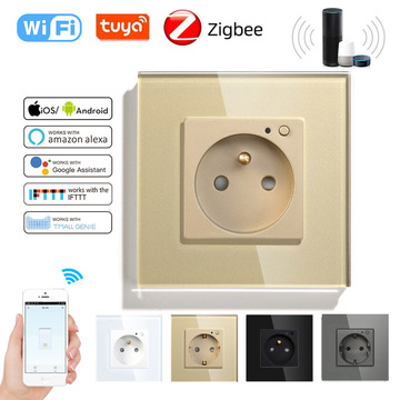 zigbee法式16a法国欧规涂鸦wifi智能app语音控制墙壁插座86型玻璃-阿