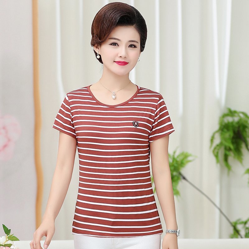 中老年女装夏装上衣中年妈妈条纹短袖纯棉t恤妈妈装全棉女士汗衫