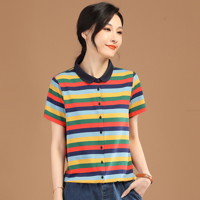 【狂暑特惠】娃娃领彩色条纹宽松短袖t恤女设计感小众上衣kn1109