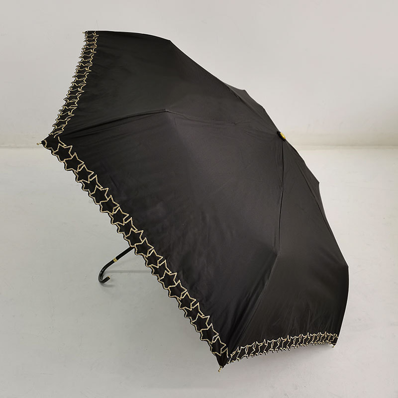 日本超轻uv花朵刺绣遮阳紫外线弯钩黑胶防晒降温铝合金三折晴雨伞