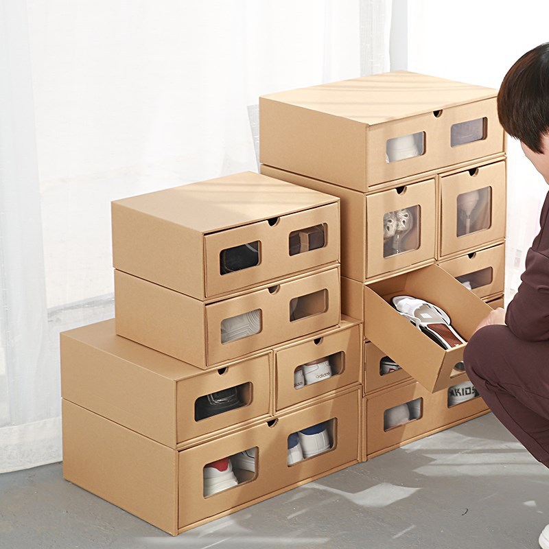 牛皮纸鞋盒折叠抽屉鞋盒抽拉式鞋子收纳盒整理箱透明鞋盒单独收纳