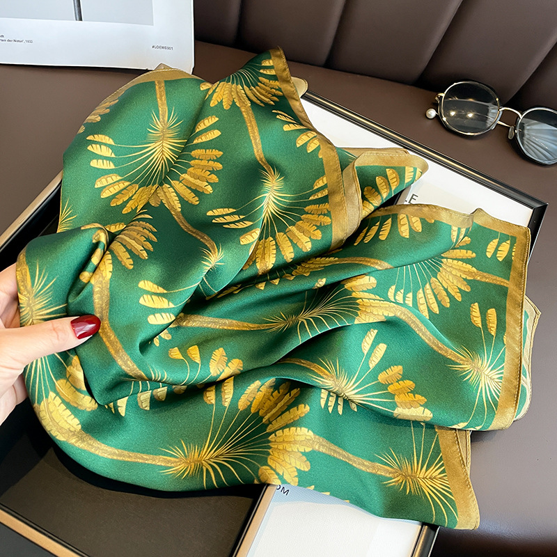 Hangzhou Pastoral Spring and Summer Green Wheat Flower Mulberry Silk Silk Scarf Female Neck Protection Elegant Scarf Square Scarf