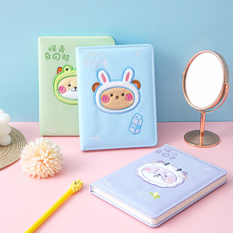 Cute Girl Journal Book Leather Embroidered Children's Cartoon Notebook Student Stationery Cartoon Notepad