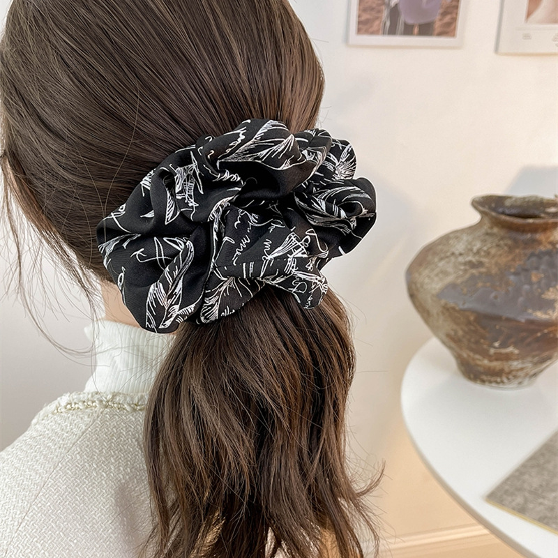 Artistic Retro Large Intestine Hair Ring Ink Line Printing and Dyeing Rubber Band Hair Accessories Niche High-Grade Temperament Black Hair Band