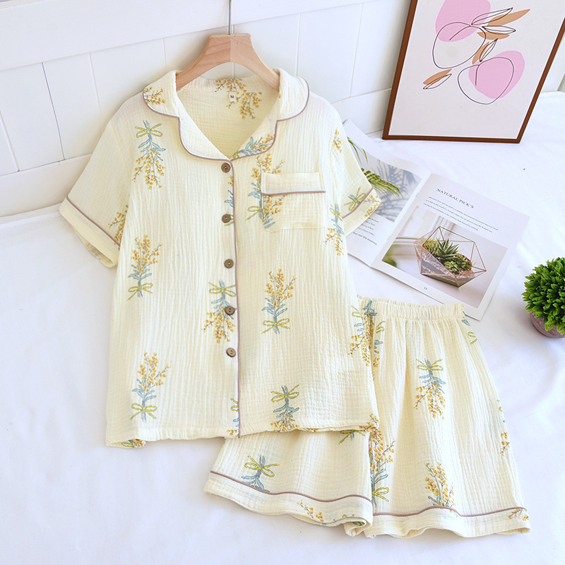 Crepe Cotton Lapel Short-Sleeved Shorts Pajamas Suit Women's Spring and Summer Thin Double-Layer Crepe Breathable Cool Home Wear