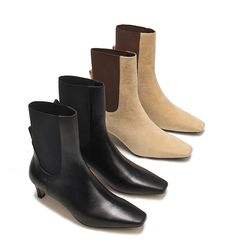 版猫跟靴细跟尖头中跟裸靴复古麂皮短靴女士时装单靴法式踝靴