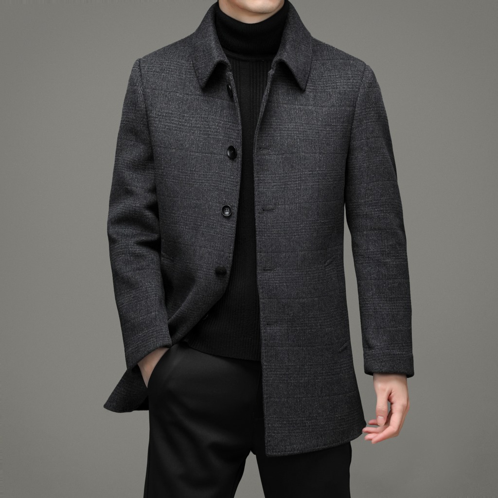 品牌男装纯羊绒男士中老年冬装加绒加厚高档中长款羊毛呢翻领大衣