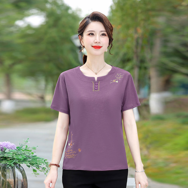 Mom Summer Clothing New Short Sleeve T-shirt 40-50 Years Old Middle-Aged and Elderly Women's Loose Oversized Fat Hiding Top Breathable Shirt