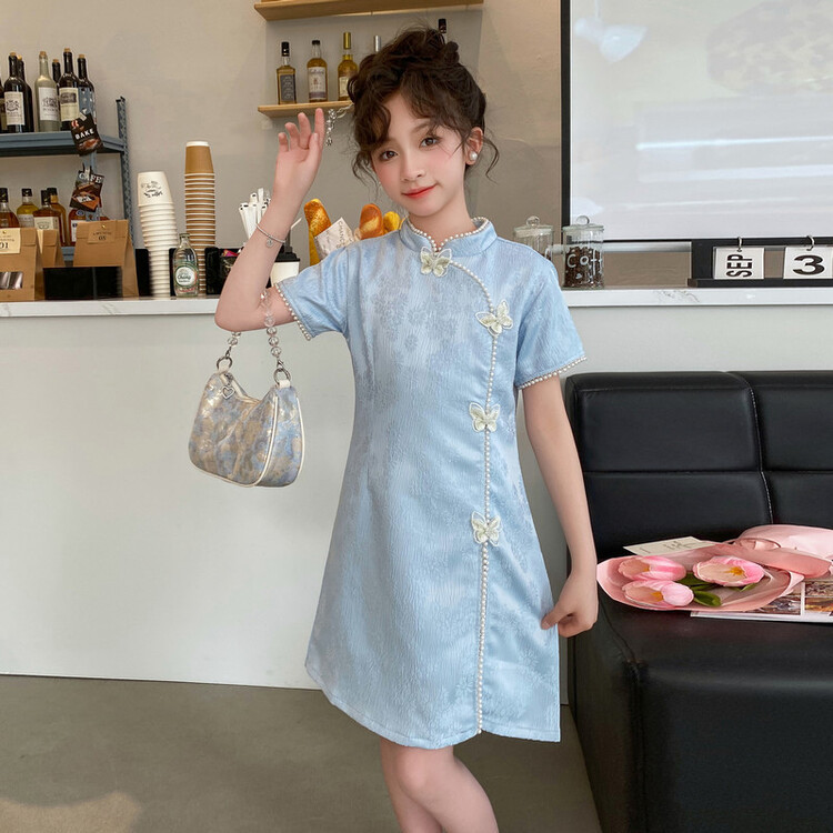女大童夏季童装女童旗袍夏薄款中国风儿童唐装短袖连衣裙跨境代发